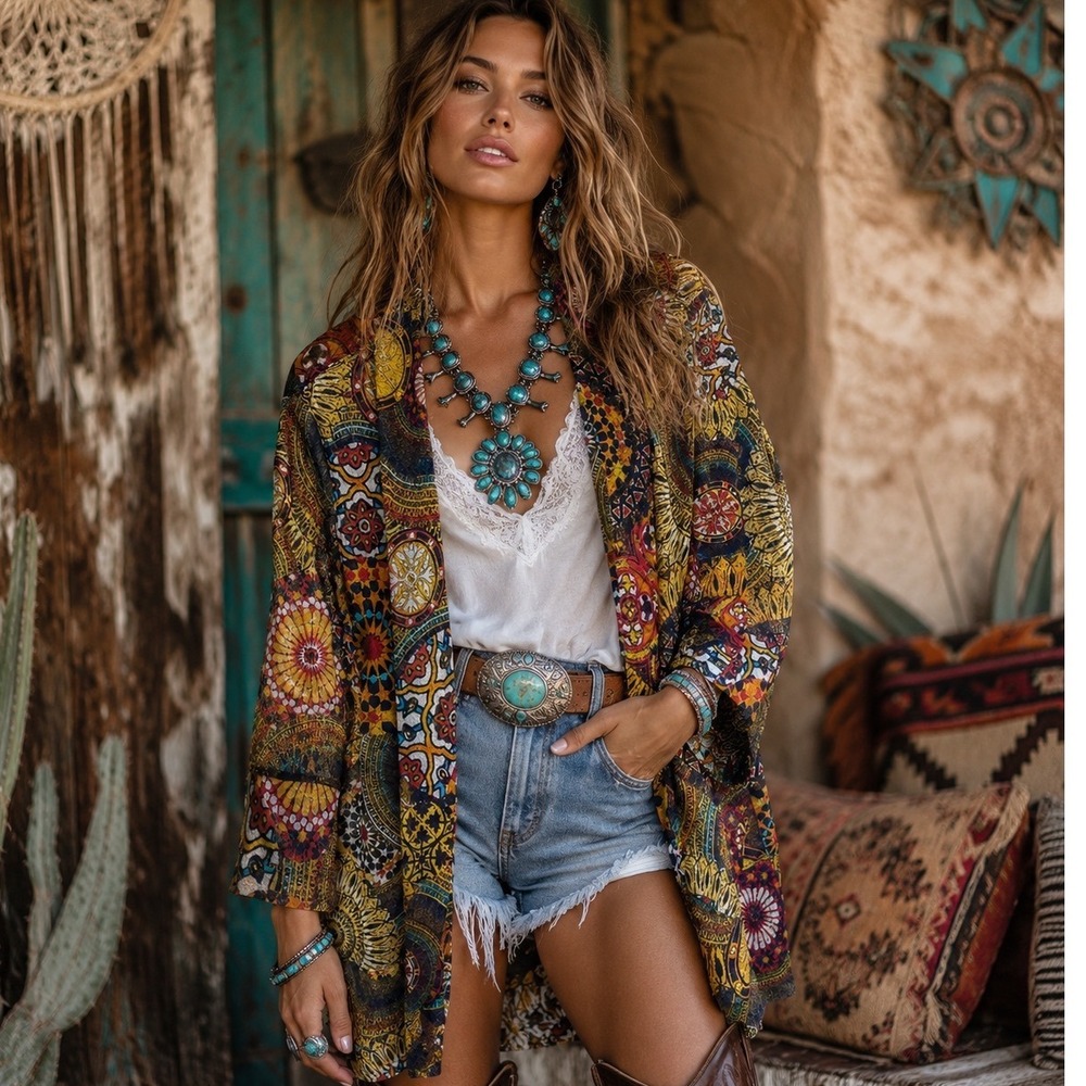 Multiples Womens Kimono Boho Western Mandala Mesh Cardigan Size M Festival Artsy